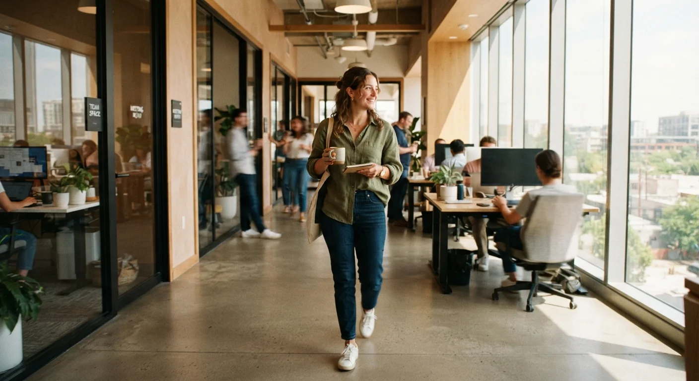 Person walking casually through a bright office hallway during the workday