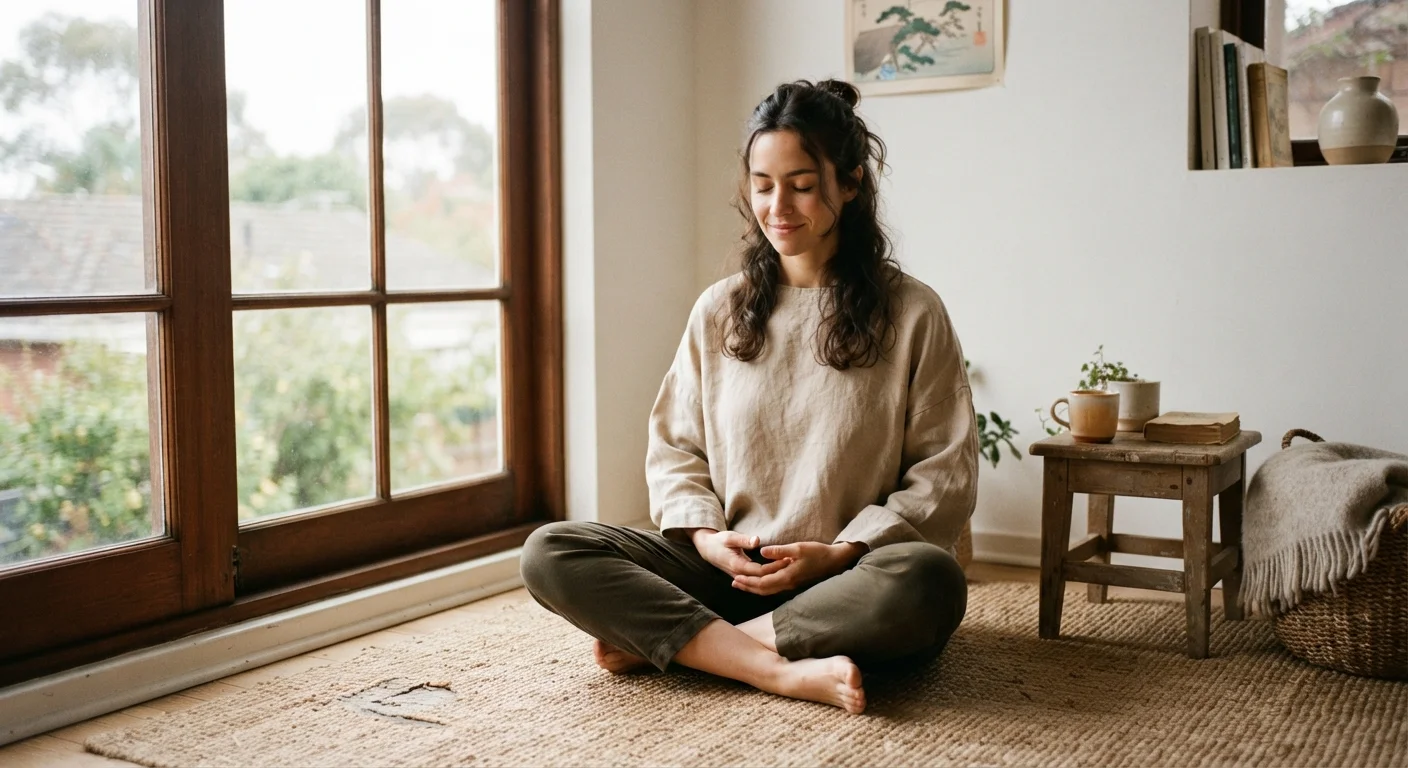 Person sitting calmly in a meditation posture near a sunlit window indoors