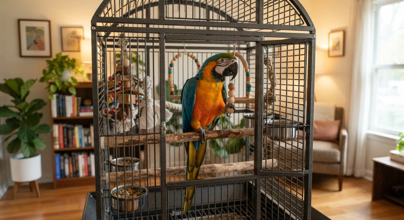 A vibrant pet parrot perched on a natural wood branch inside a well-equipped indoor cage.