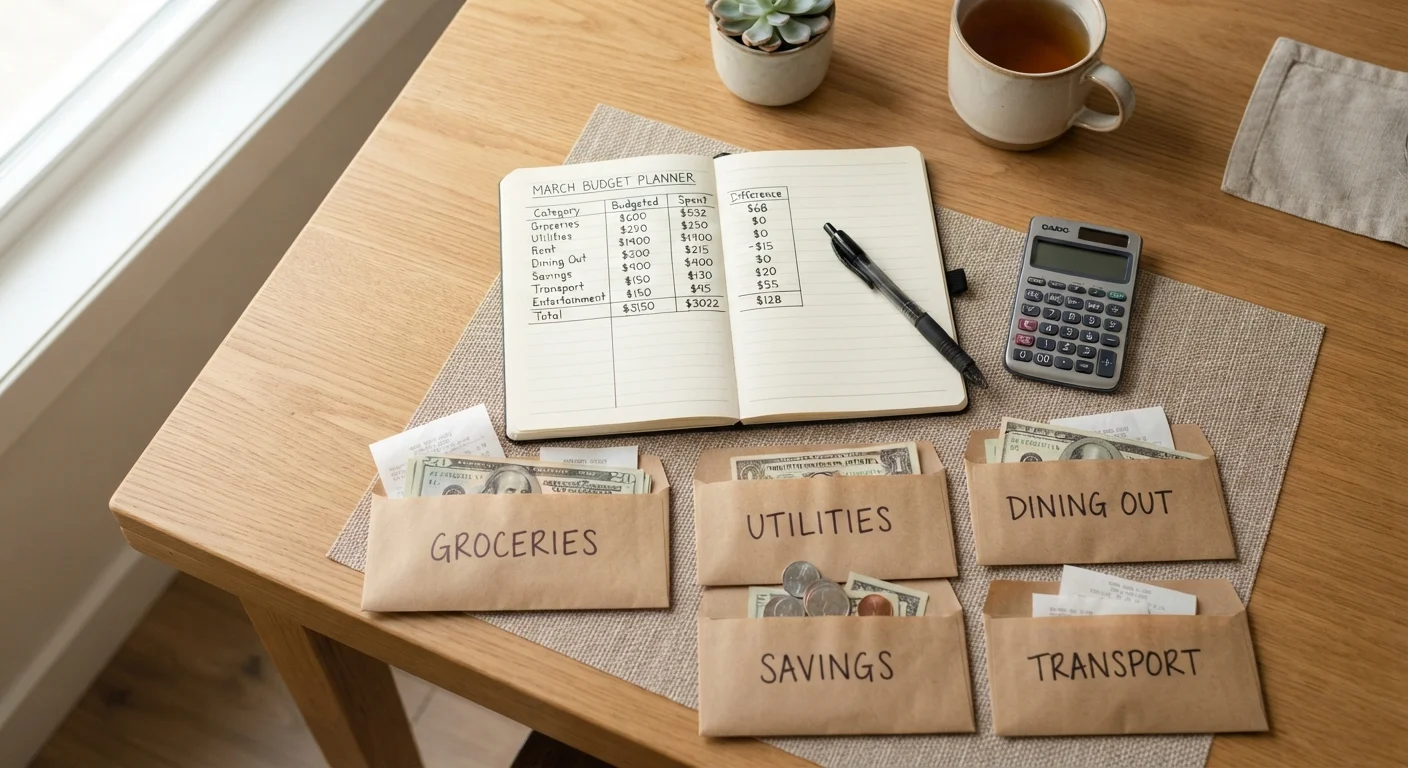 A budget notebook and labeled expense envelopes arranged neatly on a kitchen table