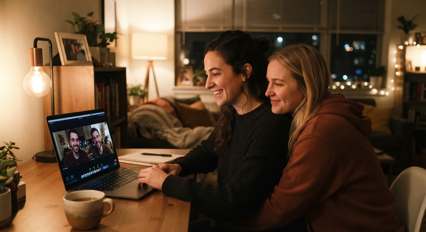 Person smiling warmly during a late-night video call with a long-distance partner