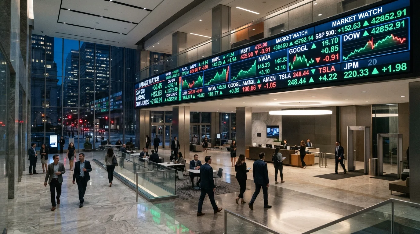 Digital stock market display board showing ticker symbols and price movements in a financial building