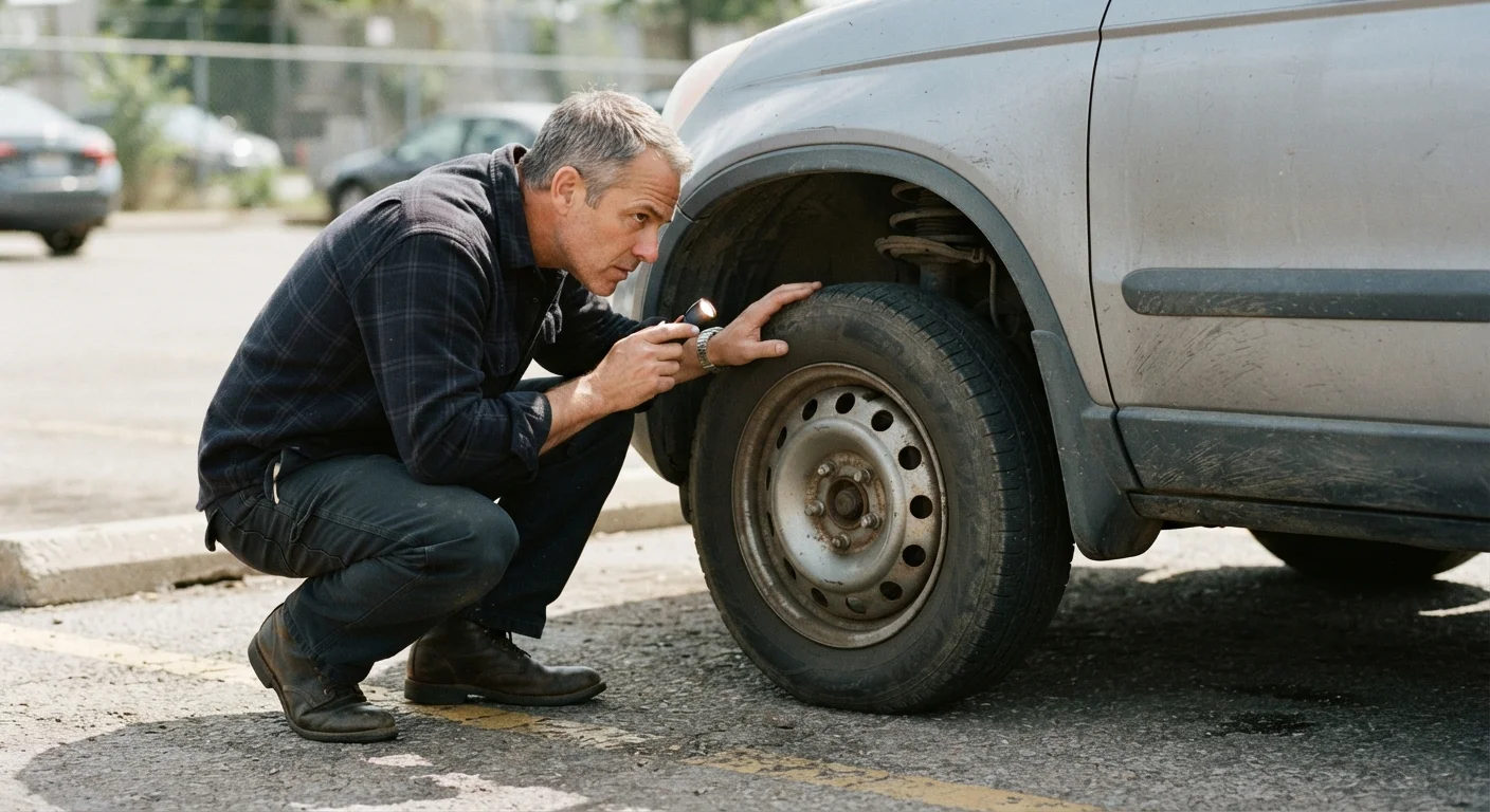 A buyer crouching to inspect the undercarriage of a used car in a sunny parking lot.
