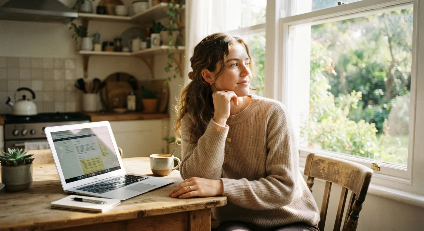 Person pausing from laptop work to look out a sunlit window, coffee cup nearby
