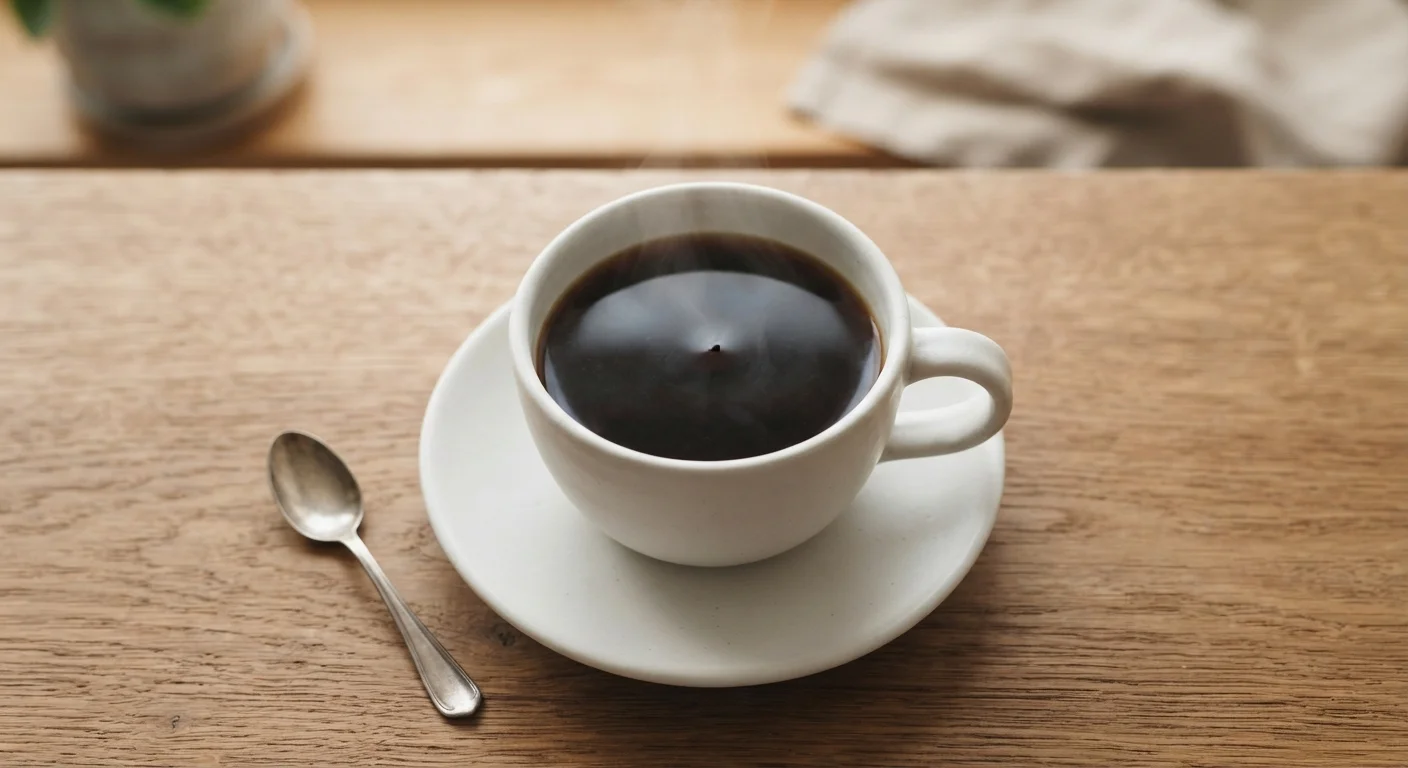 Overhead close-up of a steaming black coffee in a white ceramic cup