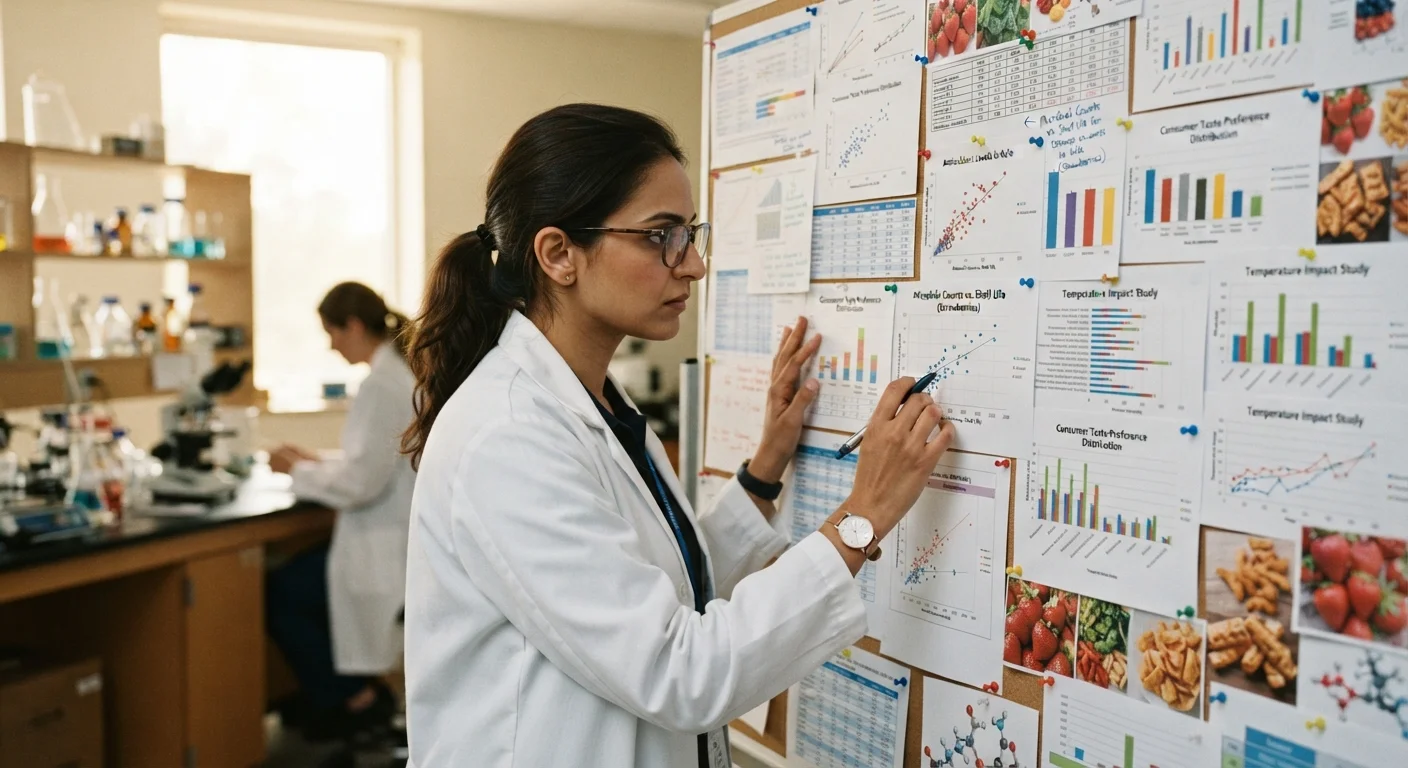 Researcher reviewing complex nutrition data charts and graphs in a well-lit laboratory setting