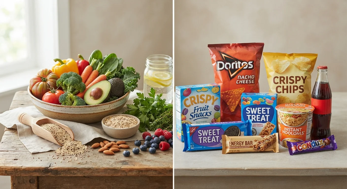 Fresh whole vegetables and grains contrasted with packaged processed snack foods on a neutral background