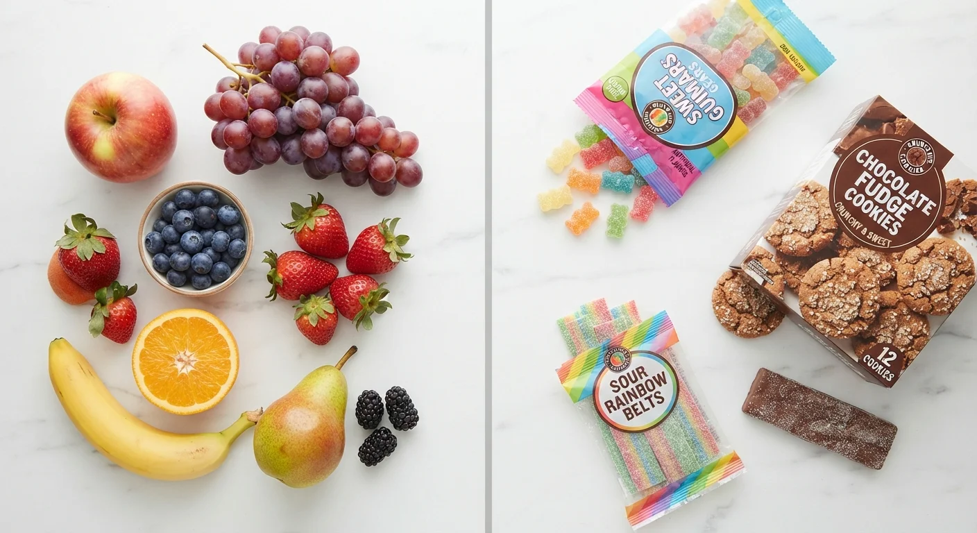 Whole fresh fruits on one side and packaged processed snacks with added sugar on the other