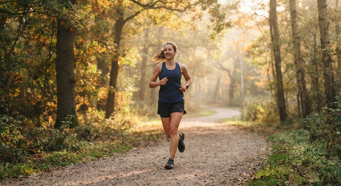 Person jogging at a steady pace along a sunlit tree-lined path in the morning.