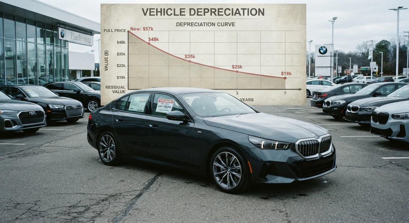New car on dealership lot with a depreciation graph illustrating value loss over time.
