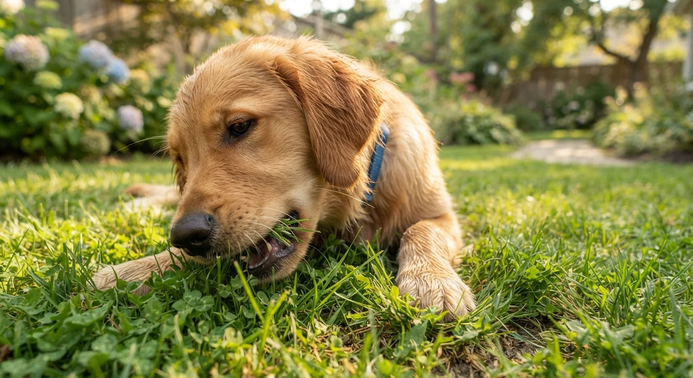 A golden retriever dog eating grass in a sunny green backyard