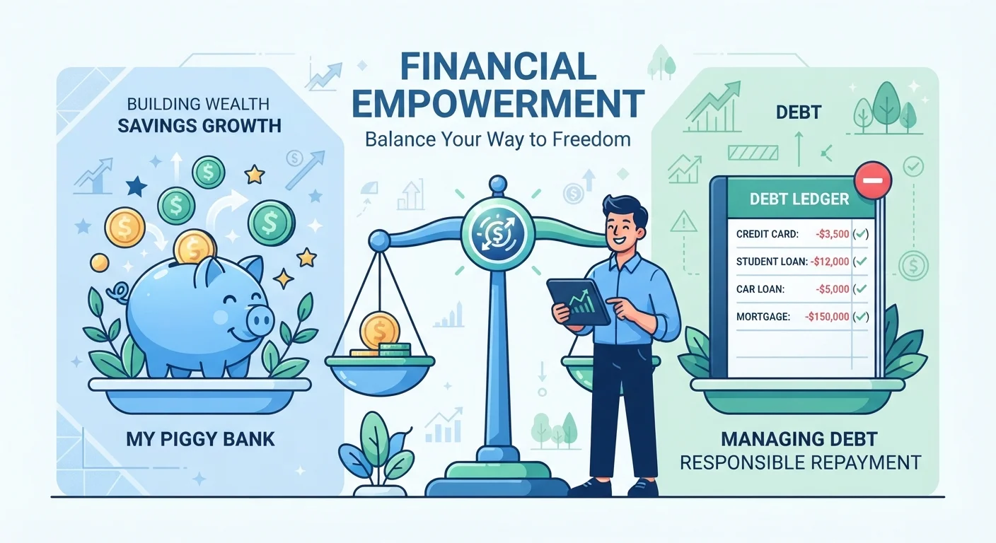 A balance scale weighing a piggy bank against a debt ledger, symbolizing saving and debt repayment simultaneously