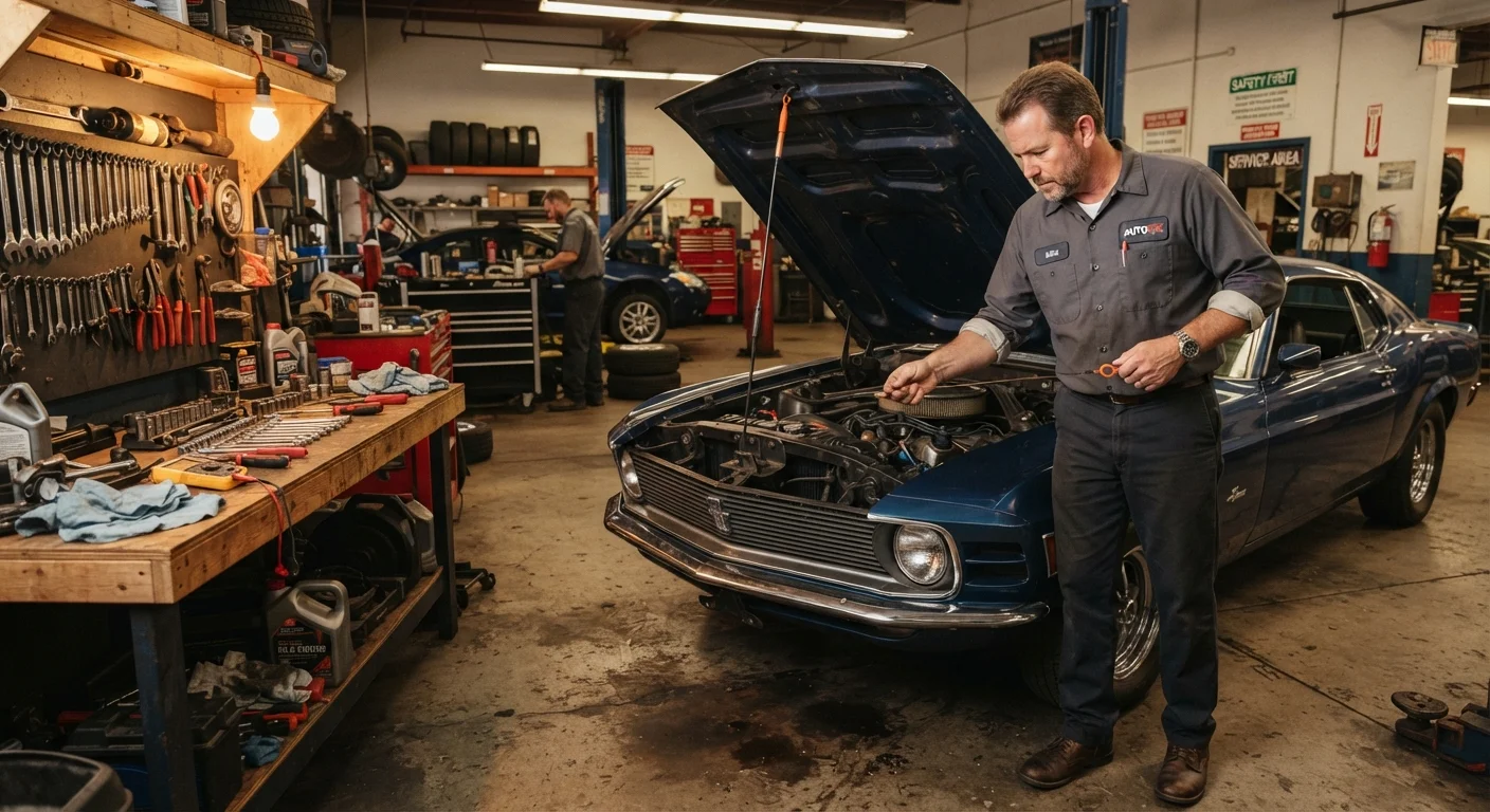 A mechanic checking a car engine's oil level with a dipstick in a garage.