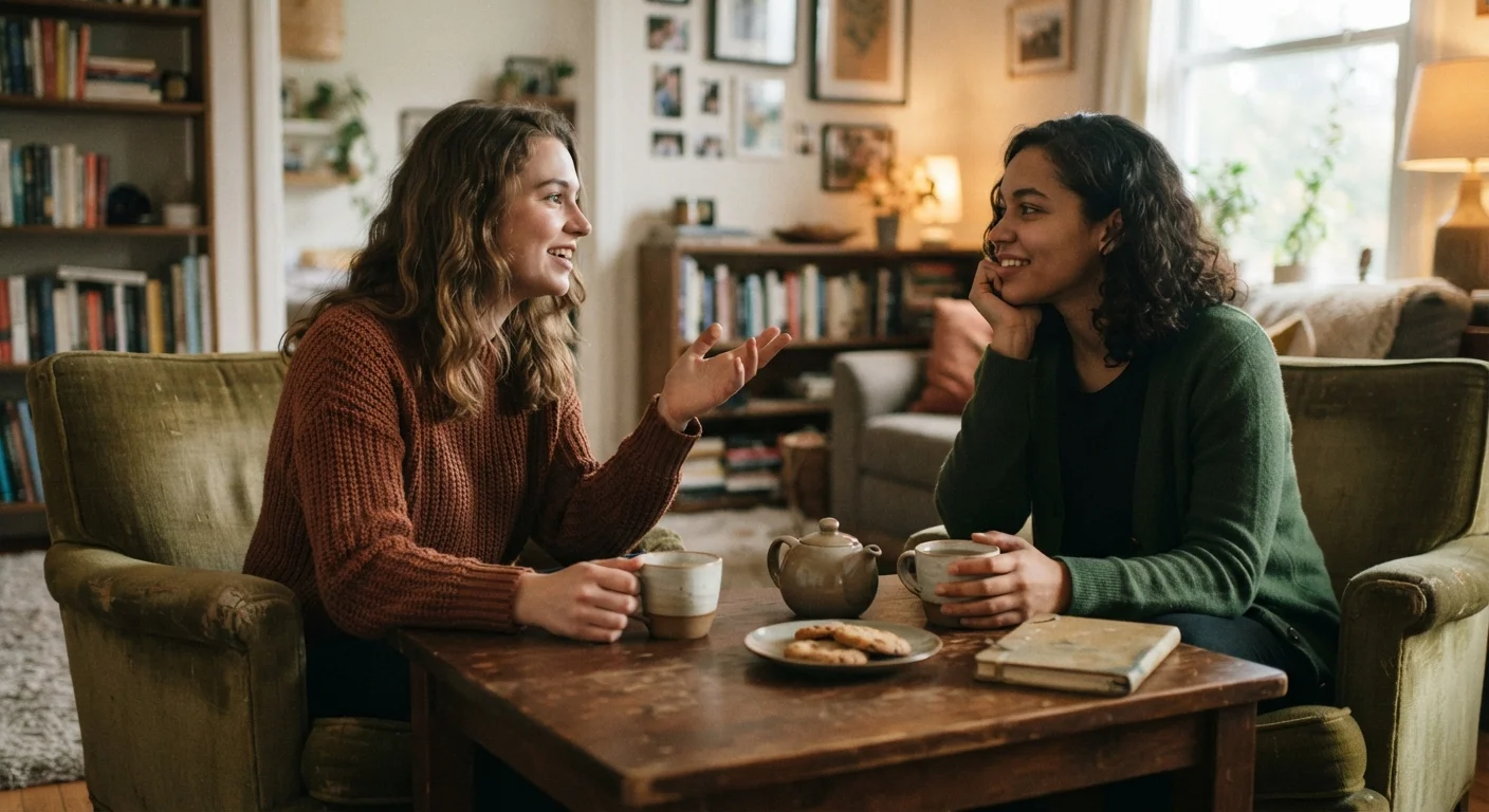 Two friends having a serious conversation in a cozy, warmly lit living room setting