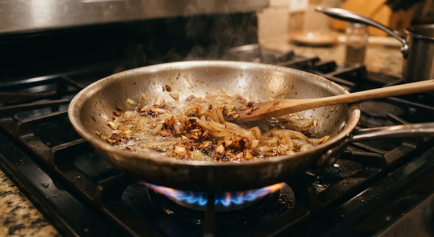Skillet on stovetop with onions softening and garlic beginning to over-brown