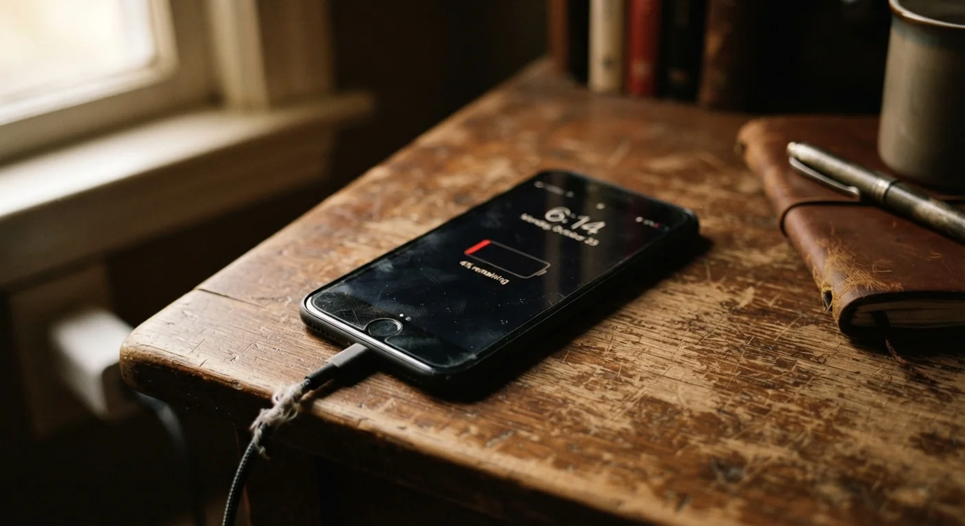 Smartphone plugged into charger on desk with low battery indicator visible on screen