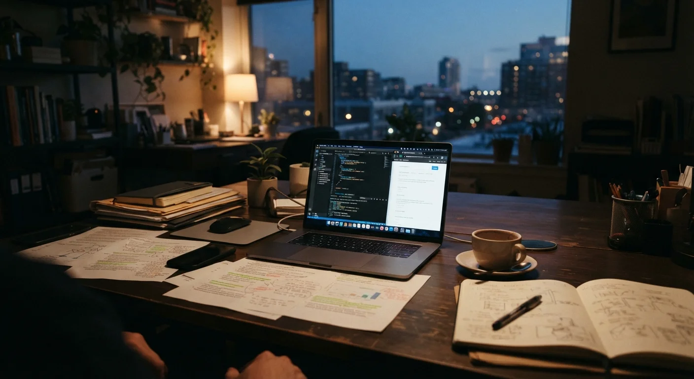 A dimly lit office desk with laptop glowing and scattered papers suggesting long work hours