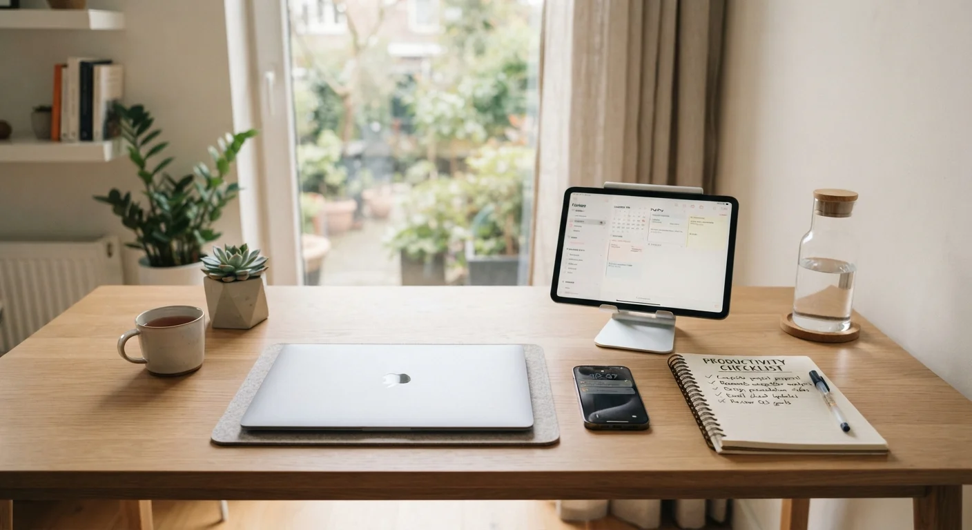 Laptop, smartphone, and tablet arranged on a clean desk alongside a checklist notebook.