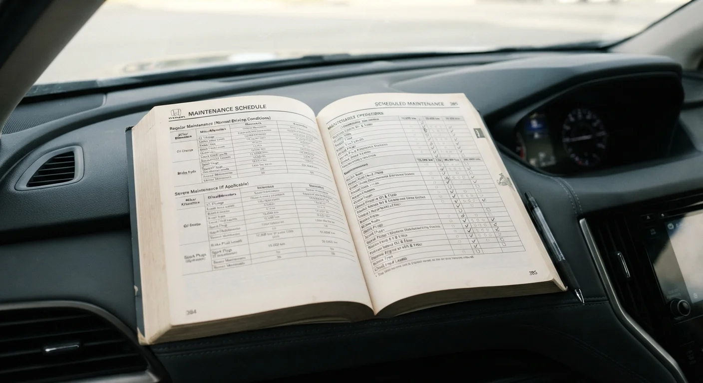 Open car owner's manual showing a maintenance schedule on a vehicle dashboard.