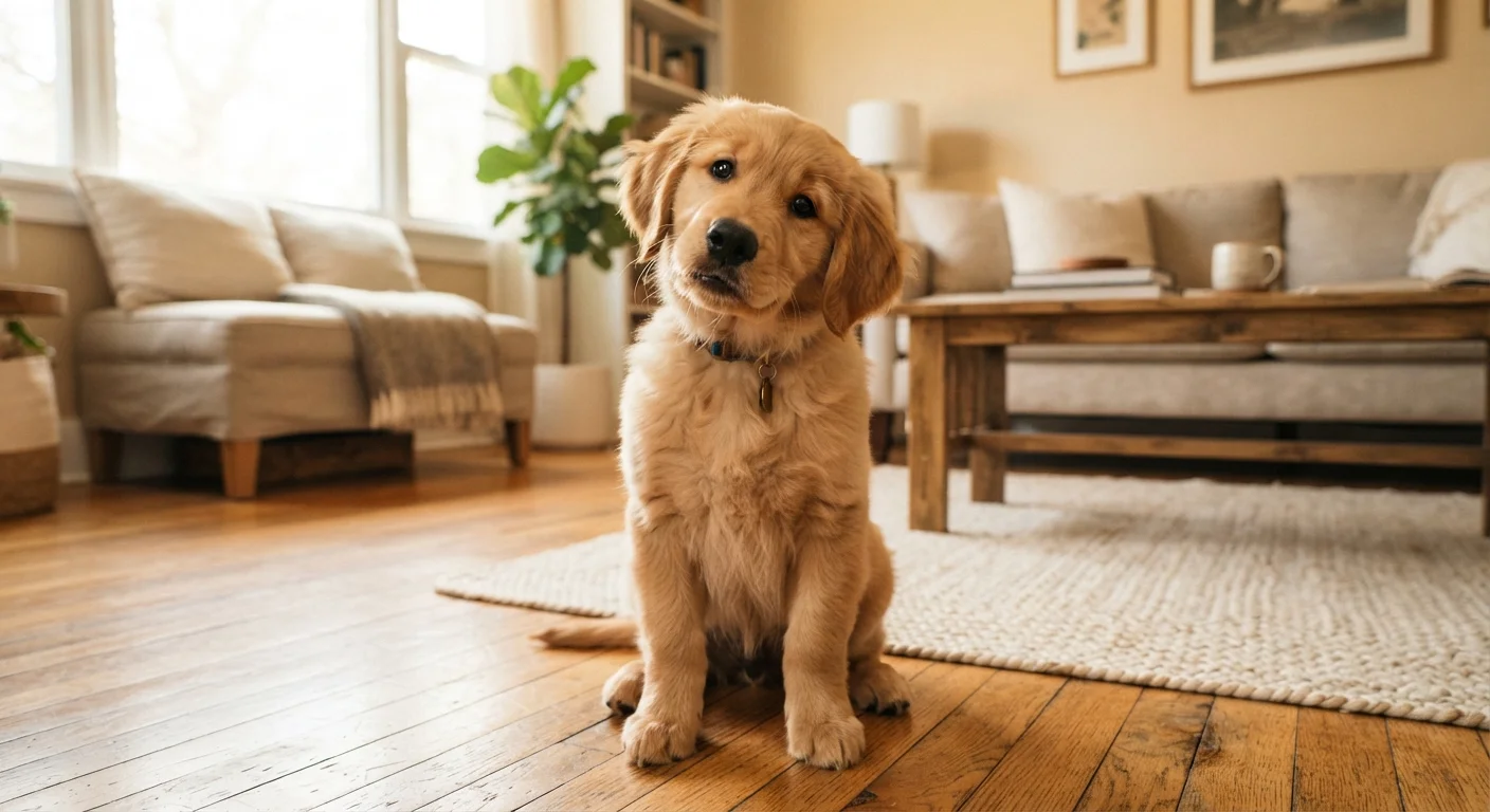 A golden retriever puppy sitting on a hardwood floor inside a bright, cozy home