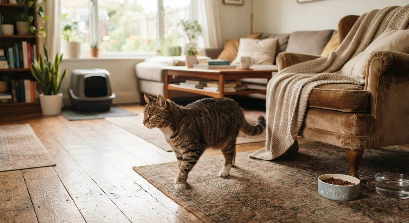 A tabby cat cautiously exploring a cozy new home environment with food bowl and blanket.