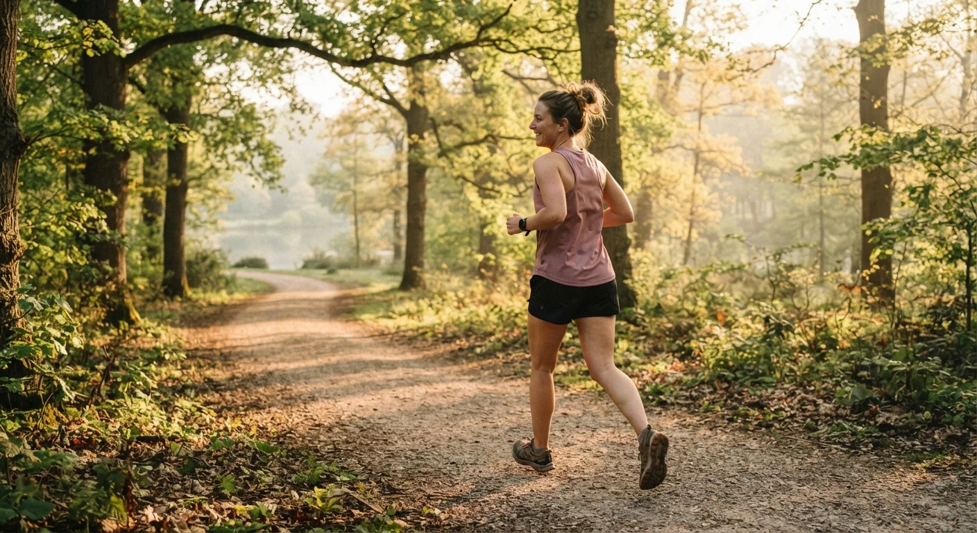Person jogging at a relaxed, easy pace along a tree-lined path in morning light